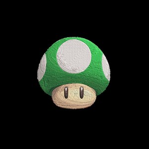 May include: A green mushroom with white spots and a brown stem. The mushroom has two black eyes.