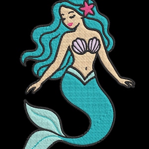 Puede incluir: Un parche bordado que muestra una sirena con cabello largo y ondulado color verde azulado, un accesorio de estrella de mar rosa, un top de bikini de concha color violeta claro y una cola de pez verde azulado con aletas azul claro.
