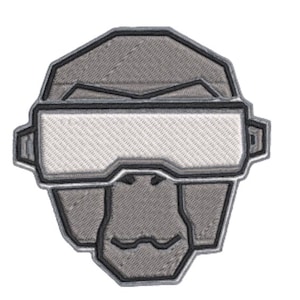 Könnte beinhalten: Gestickter Aufnäher mit einem stilisierten Gorilla, der eine Virtual-Reality-Brille trägt. Der Aufnäher hat ein Grau-Weiß-Farbschema mit schwarzen Umrissen. Das Design ist detailliert und eignet sich für Kleidung oder Accessoires.