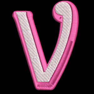 May include: Embroidered letter "V" in a bright pink, featuring a white, textured fill. The letter is set against a black background, showcasing the detailed stitching. Ideal for craft projects, this decorative element adds a touch of colour and texture.