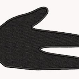 Könnte beinhalten: Schwarzer gestickter Aufnäher in Form einer Hand mit dem vulkanischen Gruß. Der Aufnäher hat ein strukturiertes Aussehen und einen schwarzen Rand. Der Hintergrund ist schlicht weiß.