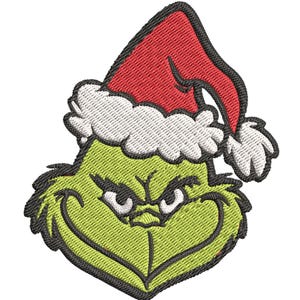 May include: Embroidered patch featuring a green character with an angry expression, wearing a red Santa hat with white trim. The design has black outlines and is set against a white background, perfect for holiday crafts.