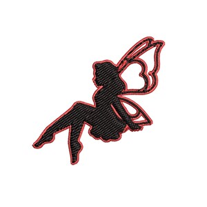 May include: Black silhouette of a fairy with red outline, sitting with wings spread out.