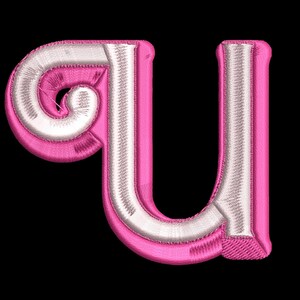 May include: Pink and white embroidered letter U with a decorative swirl on the left side.