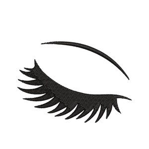 May include: A black and white illustration of a closed eye with long eyelashes.