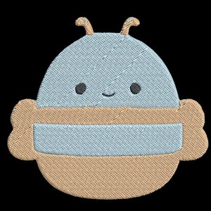May include: An embroidered bee with a smiling face, in light blue and brown. The bee has two small antennae and brown wings.