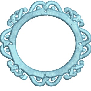 May include: A light blue embroidered frame with a circular opening. The frame has a decorative design with swirls and curves.