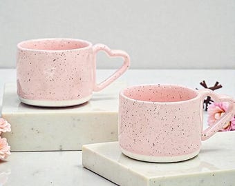 Pink Ceramic Mug, Heart Handle Mug, Valentines Gift, Gift For Her, Cute Coffee Mug, Mother's Day Gift, Romantic Mug, Speckled Cup