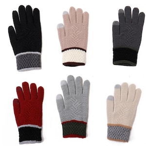 May include: Six pairs of knitted gloves in assorted colours, such as black, grey, red, and beige. Each glove has a textured pattern on the back and a contrasting cuff, with a touch-screen compatible fingertip.
