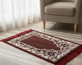 Red Turkish Prayer Rug, Handwoven Islamic Floral Seccade Mat