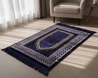 Handwoven Royal Blue Turkish Velvet Prayer Rug, Floral Border Seccade Mat