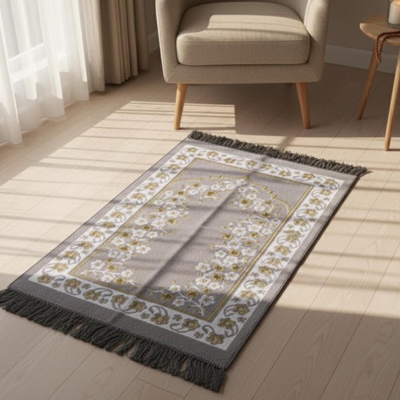 Handwoven Turkish Prayer Rug Seccade, Velvet Texture Islamic Prayer Mat, Floral Border