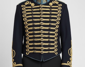May include: Navy blue military-style jacket with gold-colored trim and buttons. The jacket features a high collar and decorative gold embroidery on the sleeves. The design includes multiple rows of gold rope-like detailing and small, dark buttons.