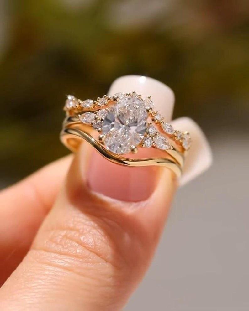 2 CT Oval Moissanite Bridal Set, 3 Piece Engagement Ring Set - 14k Gold ...