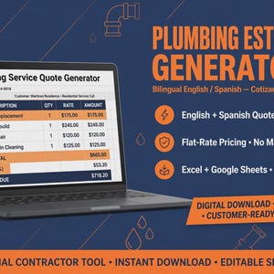 Könnte beinhalten: Ein Laptop zeigt eine Kalkulationstabelle für einen Plumbing Service Quote Generator mit Spalten für Aufgabe, Menge, Preis und Betrag. Der Bildschirm zeigt Posten für den Austausch von Wasserhähnen, die Reparatur von Toiletten und Rohren an.
