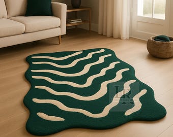 Alfombra moderna de lana orgánica abstracta hecha a mano con mechones verdes para decoración del hogar.