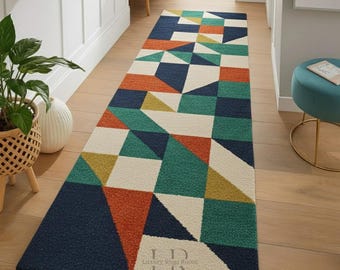 Hand Tufted Geometric Runner Rug Modern Wool Hallway Carpet Colorful Scandinavian Decor