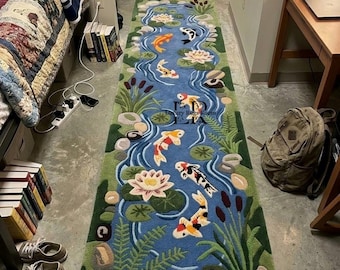 Hand Tufted Koi Fish Runner Rug Wool Pond Floral Hallway Carpet Nature Decor