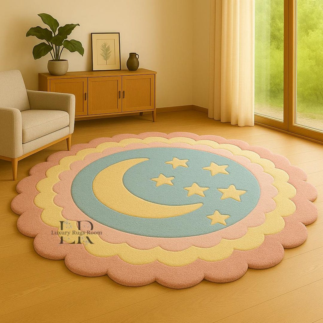 Hand Tufted Moon Star Wool Rug Pastel Kids Nursery Area Rug Bedroom ...
