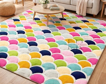 Colorful Scallop Hand Tufted Wool Rug Pastel Area Rug Nursery Living Room Decor