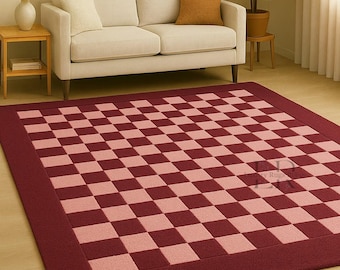 Pink Checkered Hand Tufted Wool Rug Modern Scandinavian Bedroom Living Room Area Carpet Decor