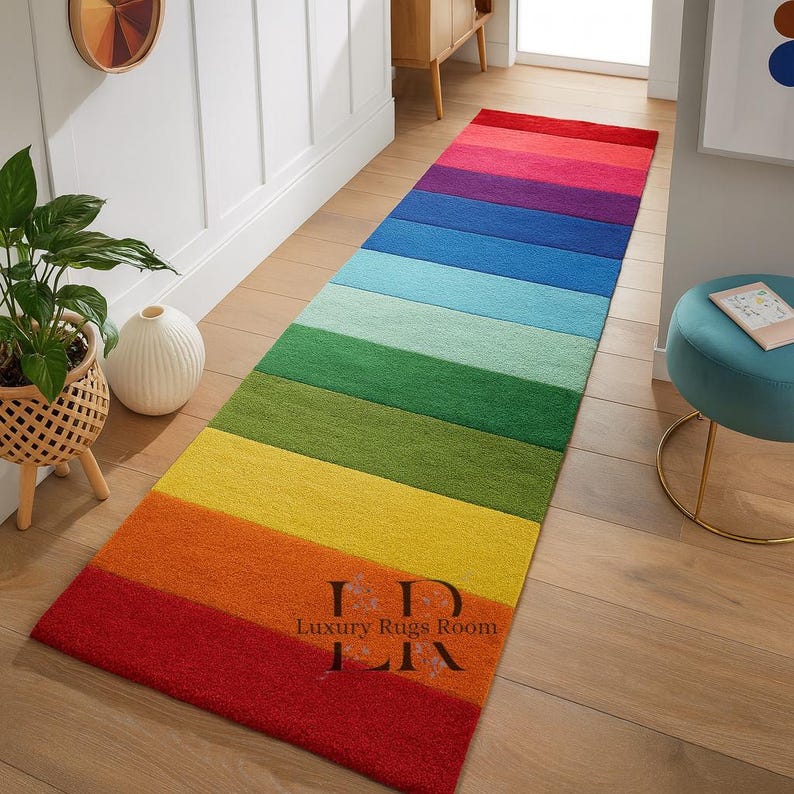 Moderner Tufted Regenbogen Läufer Teppich Wolle Flur Teppich Bunt Modernes Wohndekor Bild 1