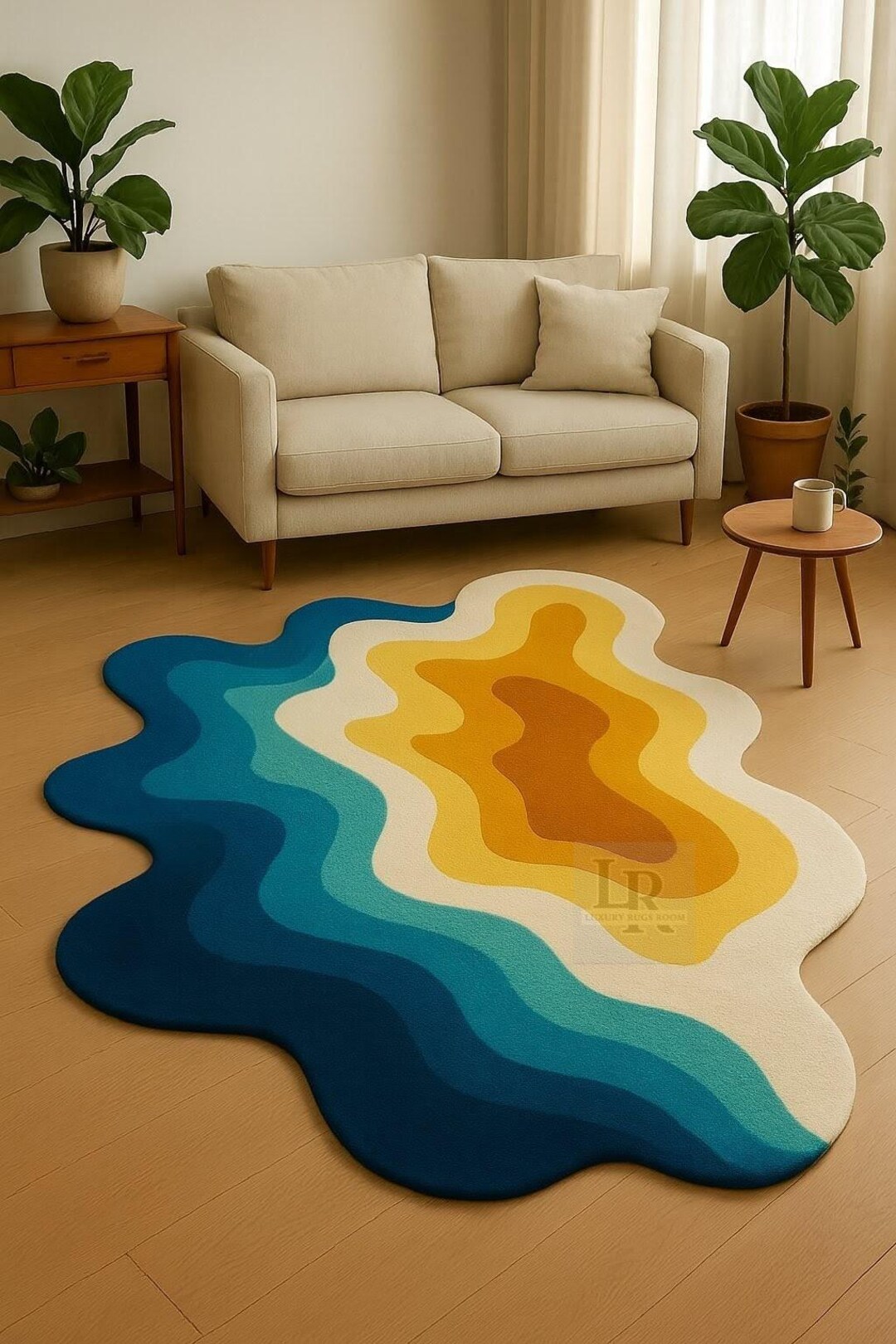 Modern Tufted Ocean Sunset Rug | Wavy Colorful Area Carpet for Living ...