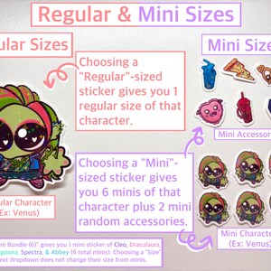 Op de afbeelding: Een sticker-maatgids met een grote reguliere Venus-karaktersticker, naast kleinere mini-karakterstickers en mini-accessoirestickers. Tekst legt het verschil uit tussen de reguliere en mini-stickerbundels.