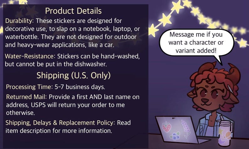 Op de afbeelding: Een donkerpaarse afbeelding met een cartoonfiguur met bruin haar en hoorns achter een laptop. Een tekstballon zegt, Message me if you want a character or variant added! De tekst bevat details over duurzaamheid en waterbestendigheid.