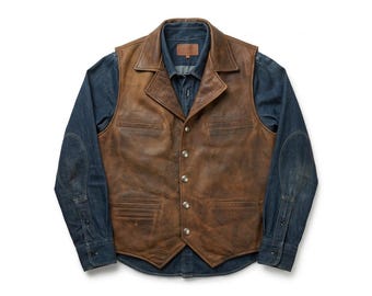 Chaleco de cuero vintage para hombre – Chaleco vaquero del oeste – Chaleco de cuero marrón para motociclista – Chaleco de motociclista estilo rancho rústico