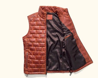 Men’s Brown Quilted Leather Vest, Handmade Puffer Leather Vest, Western Ranch Sleeveless Jacket, Vintage Leather Waistcoat