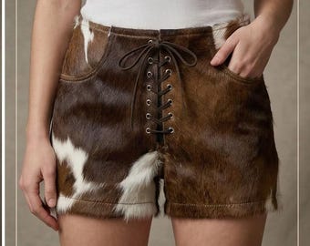 Women Cowhide Leather Shorts Hair On Hide Western Lace Up High Waisted Cowgirl Festival Boho Rodeo Ranch Wear