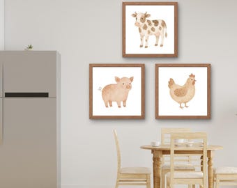 Juego de 3 impresiones de animales de granja para pared, impresiones rústicas de acuarela, vaca, cerdo, pollo, decoración de granja, descarga digital bohemia campestre para guardería de granja.