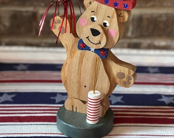 Handmade Patriotic Oak Bear: Uncle Sam Decor, Firecracker