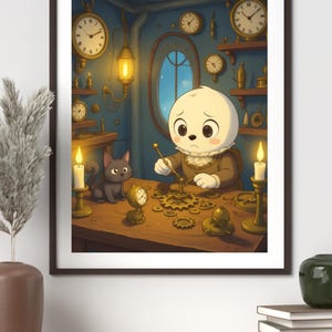 Peut inclure: Illustration encadrée d'un personnage travaillant sur des engrenages d'horloge. Le personnage, avec une tête blanche ronde et une tenue marron, est entouré d'horloges, de bougies et d'un chat gris. L'arrière-plan est une pièce bleutée avec une fenêtre.