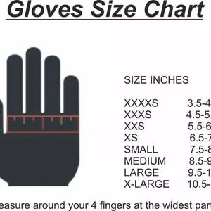 May include: A glove size chart with a hand silhouette and size measurements in inches. The chart includes sizes from XXXXS to X-LARGE, with corresponding inch measurements ranging from 3.5-4.5 to 10.5-11.5. The text instructs to measure around the four fingers at the widest part.