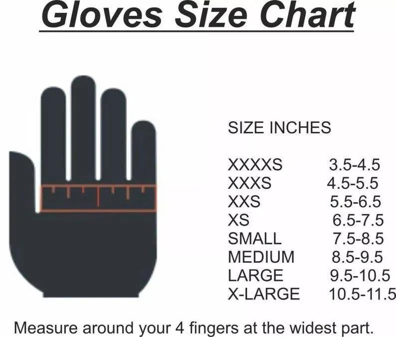 May include: A glove size chart with a hand silhouette and size measurements in inches. The chart includes sizes from XXXXS to X-LARGE, with corresponding inch measurements ranging from 3.5-4.5 to 10.5-11.5. The text instructs to measure around the four fingers at the widest part.