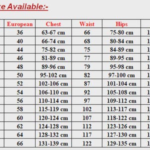 May include: A size chart for suits, with measurements in centimeters. The chart includes sizes from 140 cm to 5X.Large, with corresponding European sizes, chest, waist, hips, and height measurements.