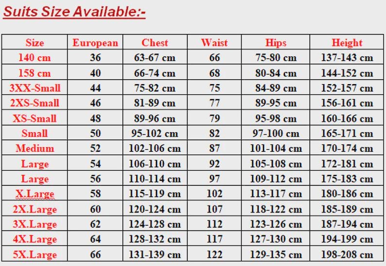 May include: A size chart for suits, with measurements in centimeters. The chart includes sizes from 140 cm to 5X.Large, with corresponding European sizes, chest, waist, hips, and height measurements.
