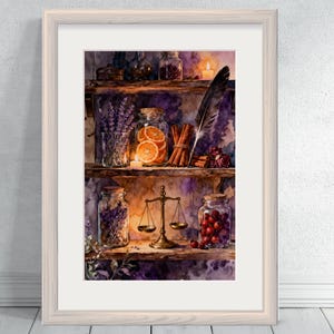 Apothecary Shelf Art Print, Magical Herbs & Spices Watercolor, Kitchen Witch Botanical Wall Decor, Autumn Potion Digital Download