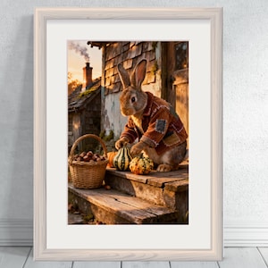 Op de afbeelding: Een ingelijste prent toont een konijn in een patchworkjas, dat kalebassen op houten trappen plaatst. Een mand met kastanjes staat ernaast. De scène speelt zich buiten af met een rustiek gebouw op de achtergrond, wat een herfstsfeer oproept.