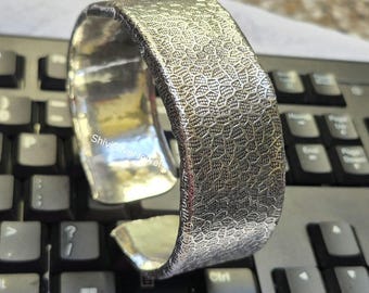 Handmade Silver Wide Cuff Bracelet, 925 Sterling Silver, Textured Tribal Statement Bangle, Boho Adjustable Silver Jewelry Gift for Her