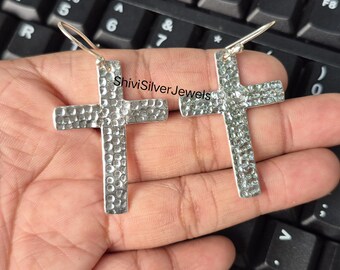 Hammered Cross Earrings, Textured Dangle Earrings, Rustic Silver Cross Jewelry, Gift for Women, Boho Faith Earrings, Religious Earrings Gift