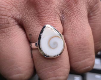 Shiva Eye Shell Ring, 925 Sterling Silver Boho Ring, Natural Shell Statement Ring, Evil Eye Protection Jewelry, Handmade Gift For Her