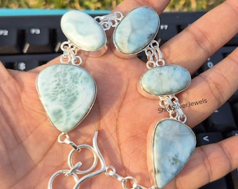 Larimar Bracelet, Dominican Larimar Jewelry, Handmade 925 Sterling Silver Gemstone Bracelet, Boho Statement Bracelet, Gift for Her, Gifts