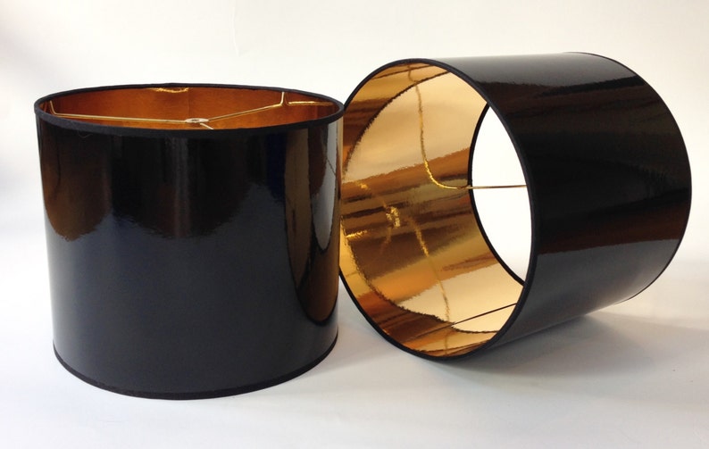 Drum Lamp Shade In Glossy Black Paper With Metallic Gold Inside