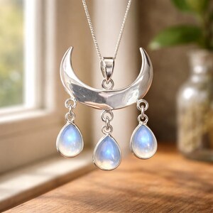 925 Sterling Silver Crescent Moon Pendant Necklace Featuring, Teardrop Moonstone Gemstones, three Blue Fire moonstones unique Necklace