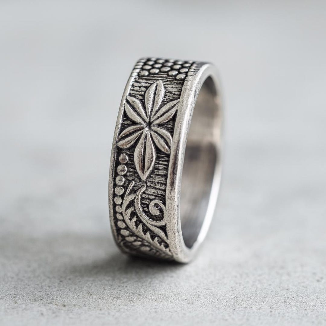 Handmade Sterling Silver Floral Ring: Boho Engraved Spinner Band - Etsy