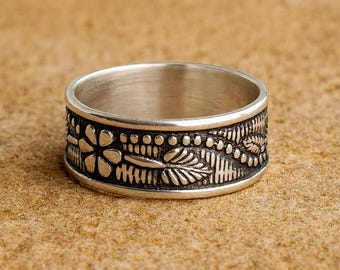 Handgemaakte sterlingzilveren bloemenring vintage geoxideerde boho band handgemaakte geoxideerde sterlingzilveren bloemenring vintage boho band cadeau voor haar