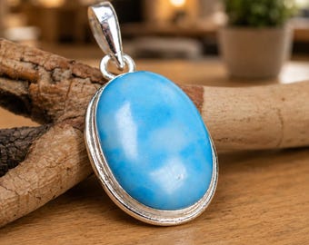 Larimar Pendant Necklace Silver | Genuine Blue Gemstone Jewelry | Oval Larimar Stone Necklace | Ocean Inspired Gift for Her